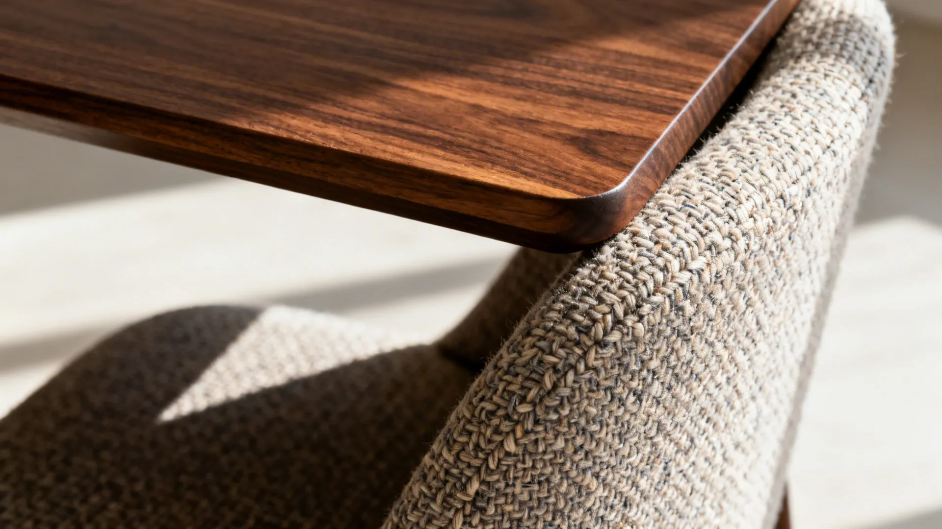 Close up view showing a dark wood table edge and textured beige fabric dining chair