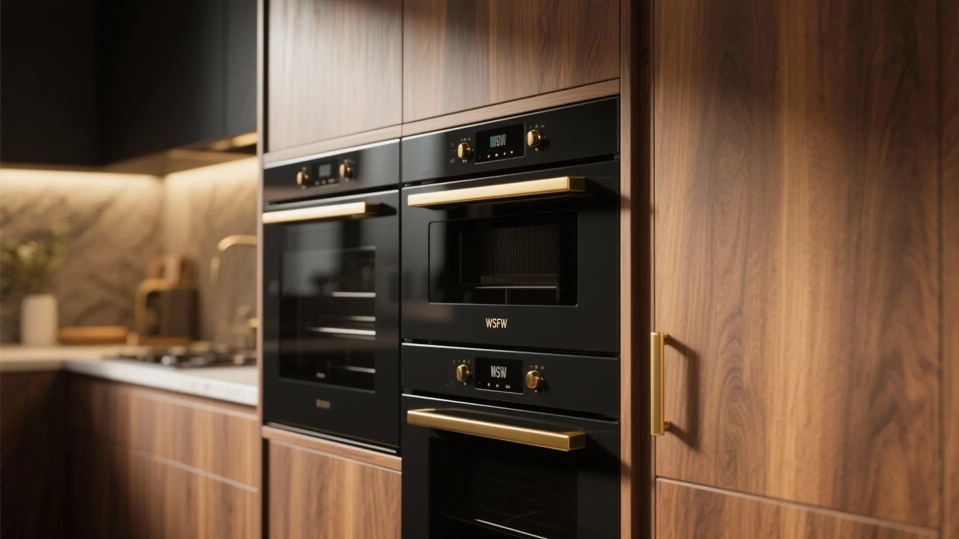 4. Black appliances and brass hardware on walnut tones