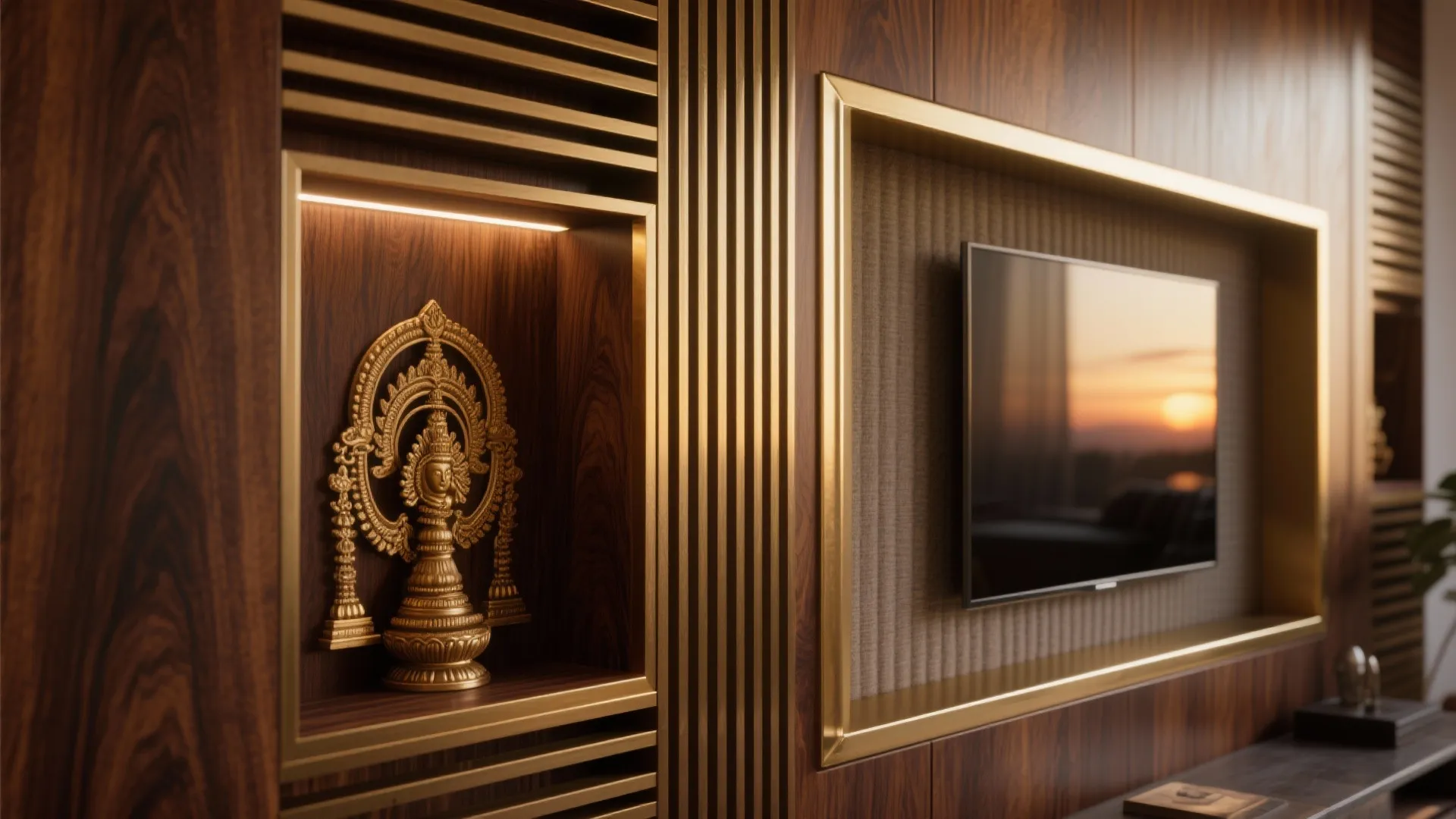 Warm Wood and Brass Details with Acoustic Paneling