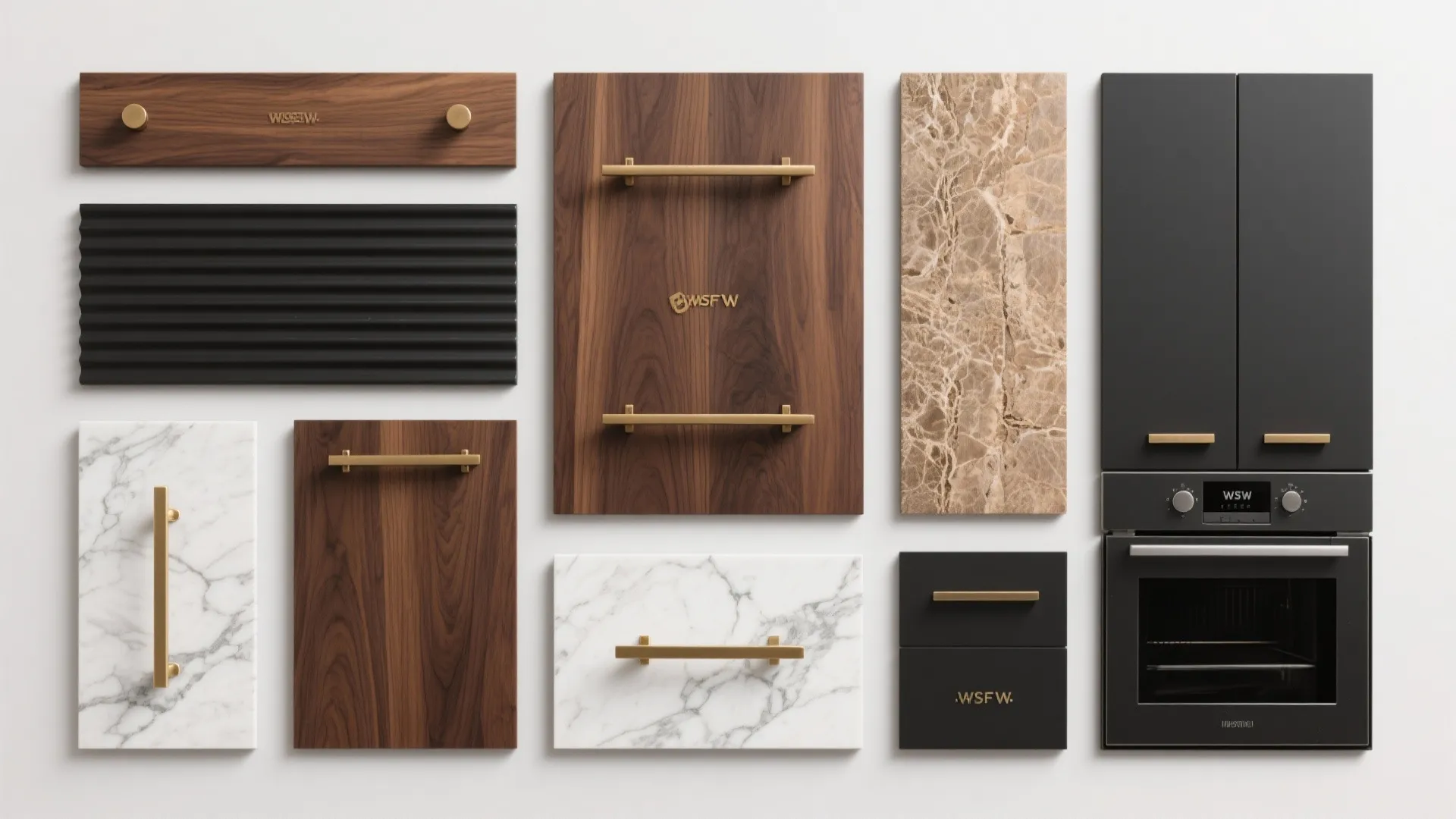 Collection of interior design materials including walnut wood marble stone black panels and gold handles
