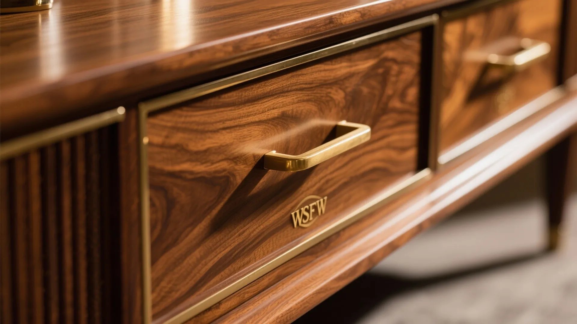 2. Rich Walnut Furniture with Brass Handles