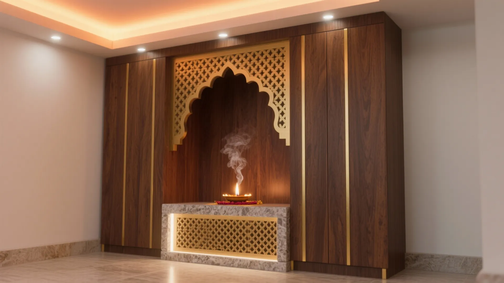 Warm plywood tones with brass and jaali accents