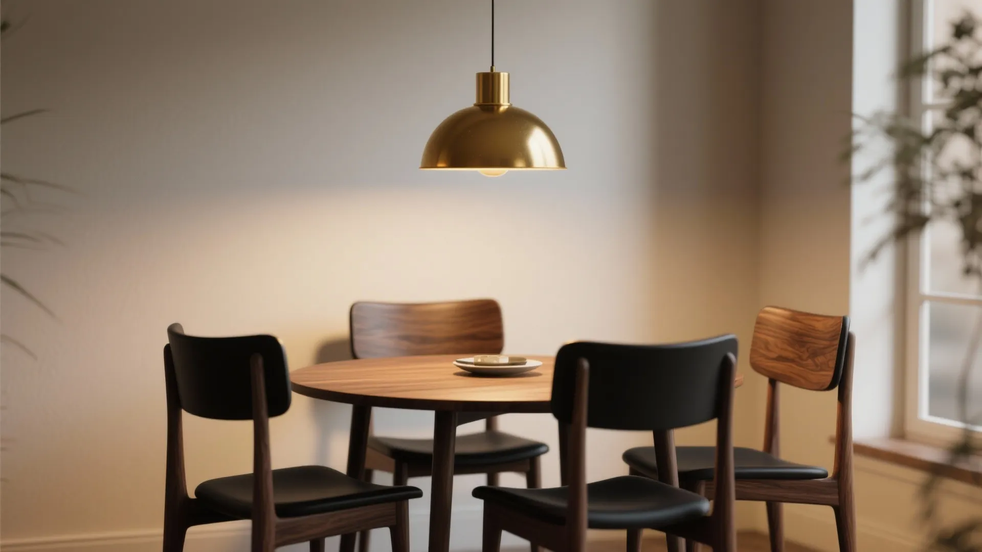 Round wooden dining table with black chairs and a gold ceiling light in warm interior