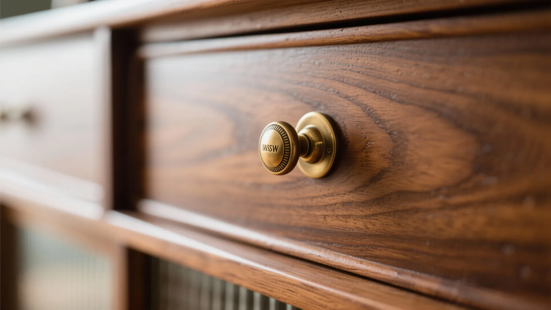 Macro of walnut wood grain and a polished brass knob showing the restored finish.