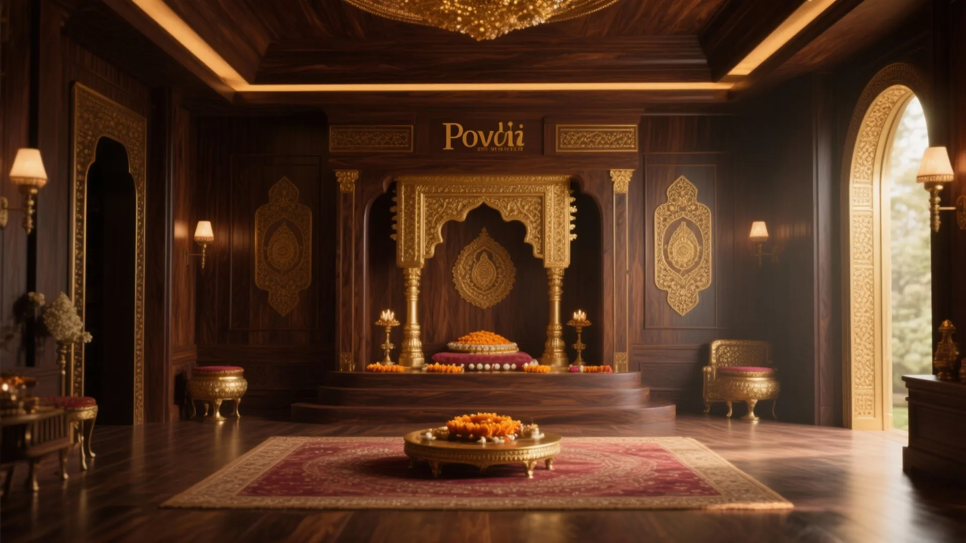 Luxurious dark wood prayer room with a gold altar wall lights and a red rug
