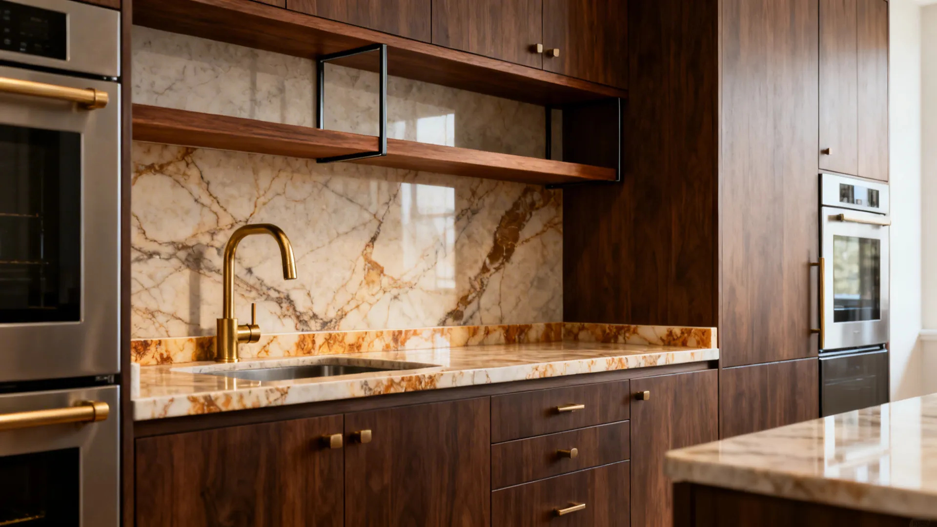 Dark walnut cabinets with brushed brass hardware and warm-veined quartz lip.
