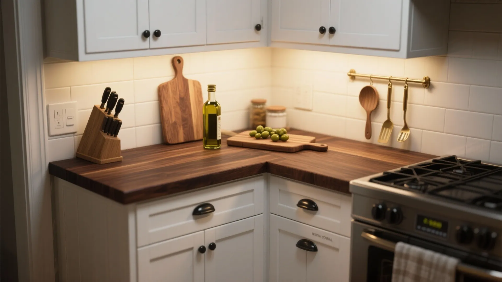 Cozy small kitchen with dark walnut butcher block countertops paired with white cabinets and warm accents.