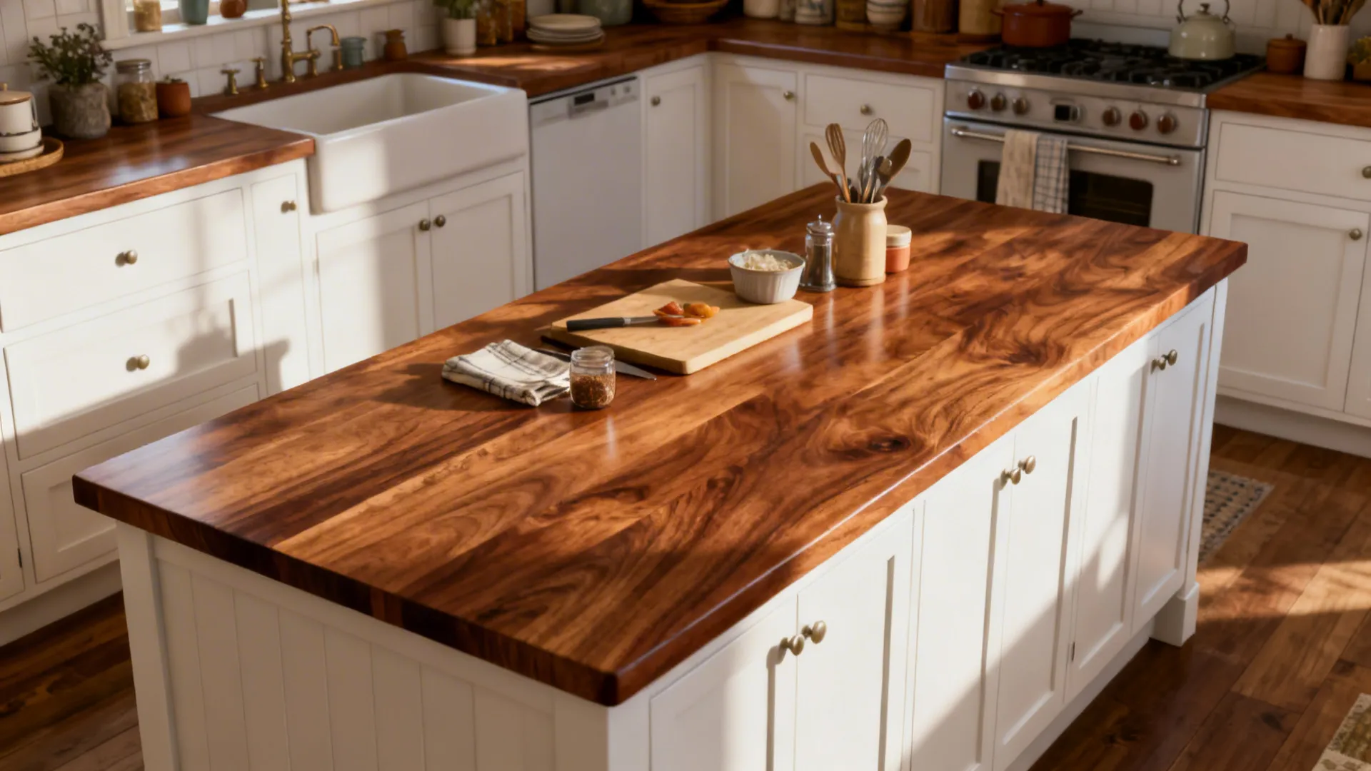 Warm walnut butcher block island paired with white cabinets for a cozy kitchen contrast.