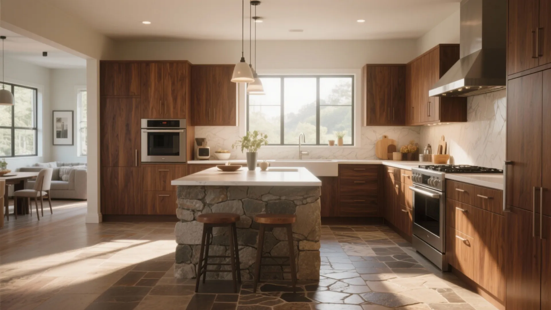 Luxury kitchen featuring stone island dark wood cabinets stone floors and modern black light fixtures