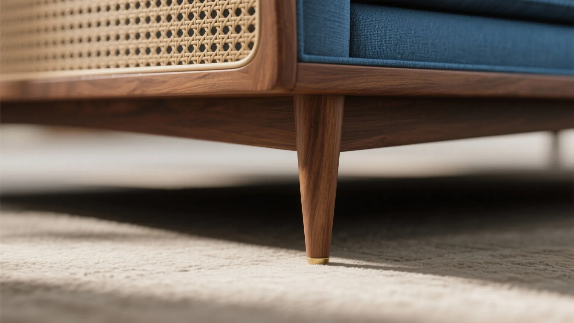Close up of a blue sofa with wooden legs and woven texture on the side
