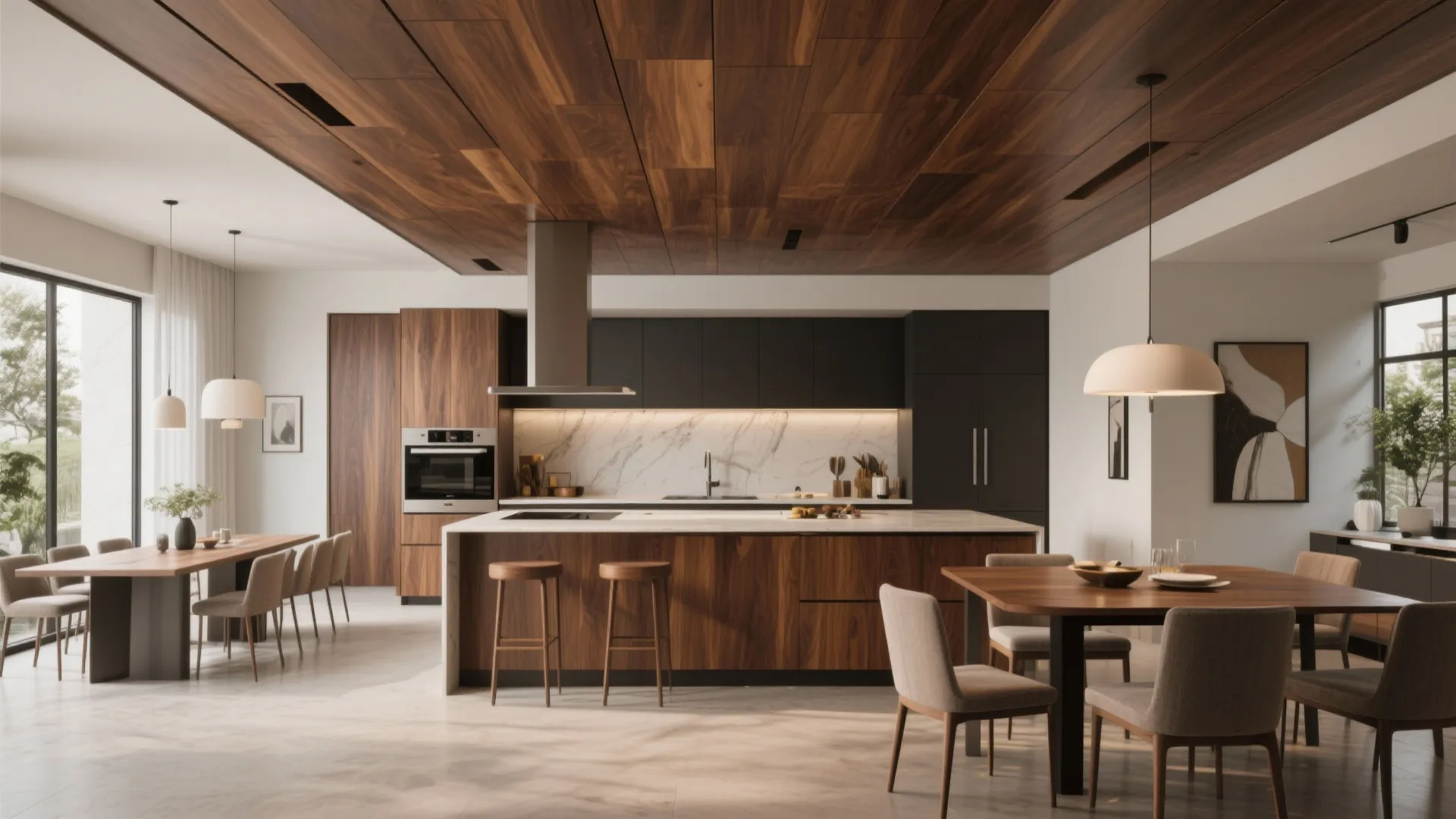 Modern open plan kitchen with dark walnut wood ceiling panels and a large marble island table