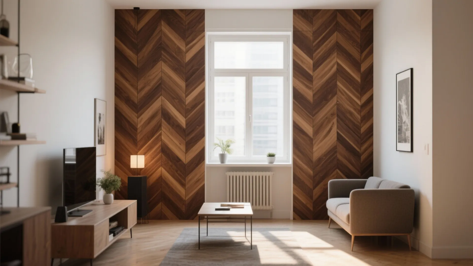 Minimalist studio with dark chevron wood wall panels surrounding a window and a grey sofa
