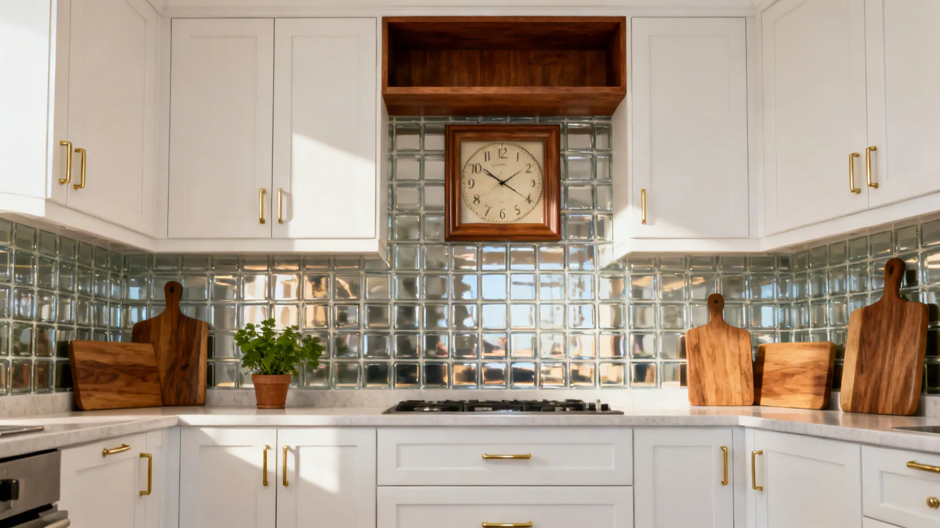White kitchen warmed by a slim walnut-rimmed wall clock above a reflective backsplash.