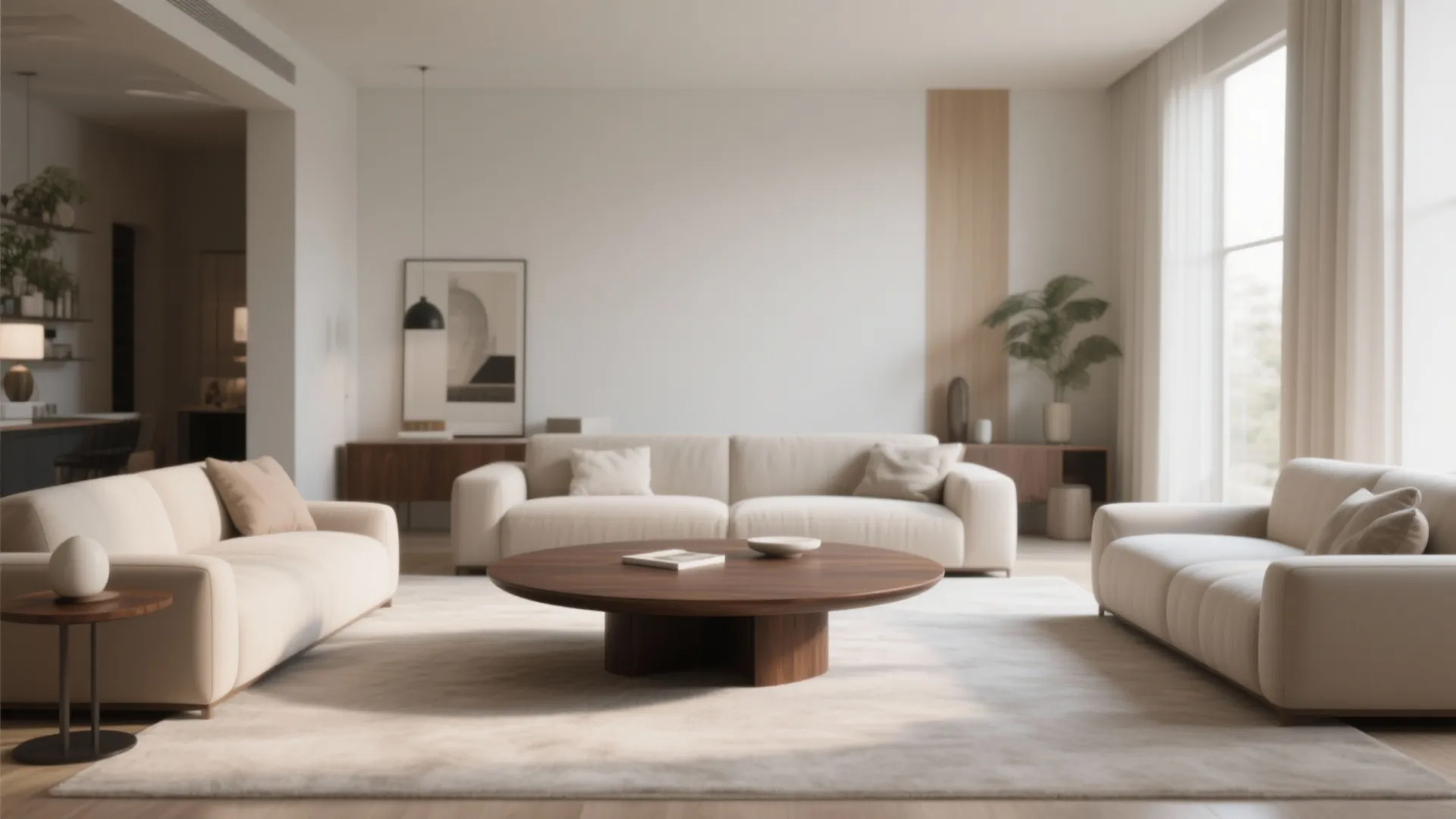 Bright minimalist living room with cream sofas round wooden coffee table large rug and curtains