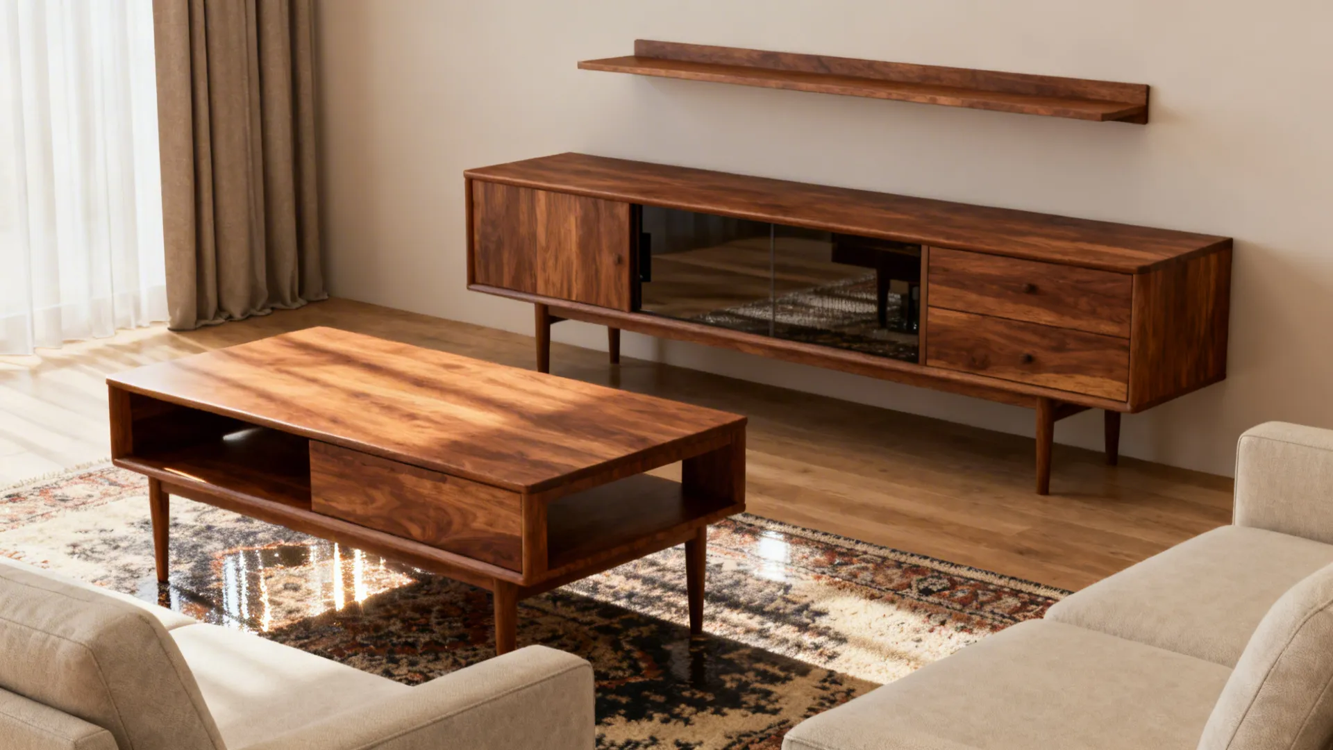 Small living room with matching walnut coffee table, media unit and floating shelf creating a cohesive look