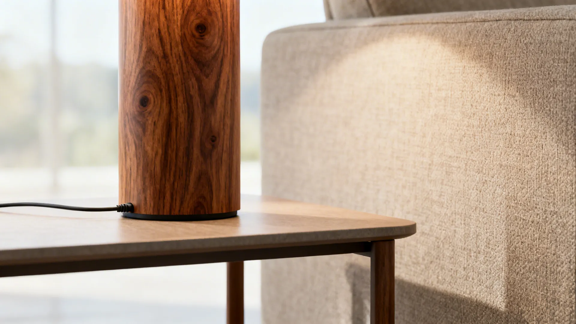 Close up of a wooden light fixture base standing on a table next to beige sofa