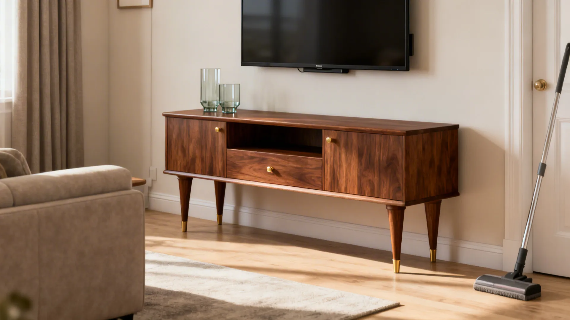 Walnut media console with flared legs below a wall-mounted TV in a small living room.