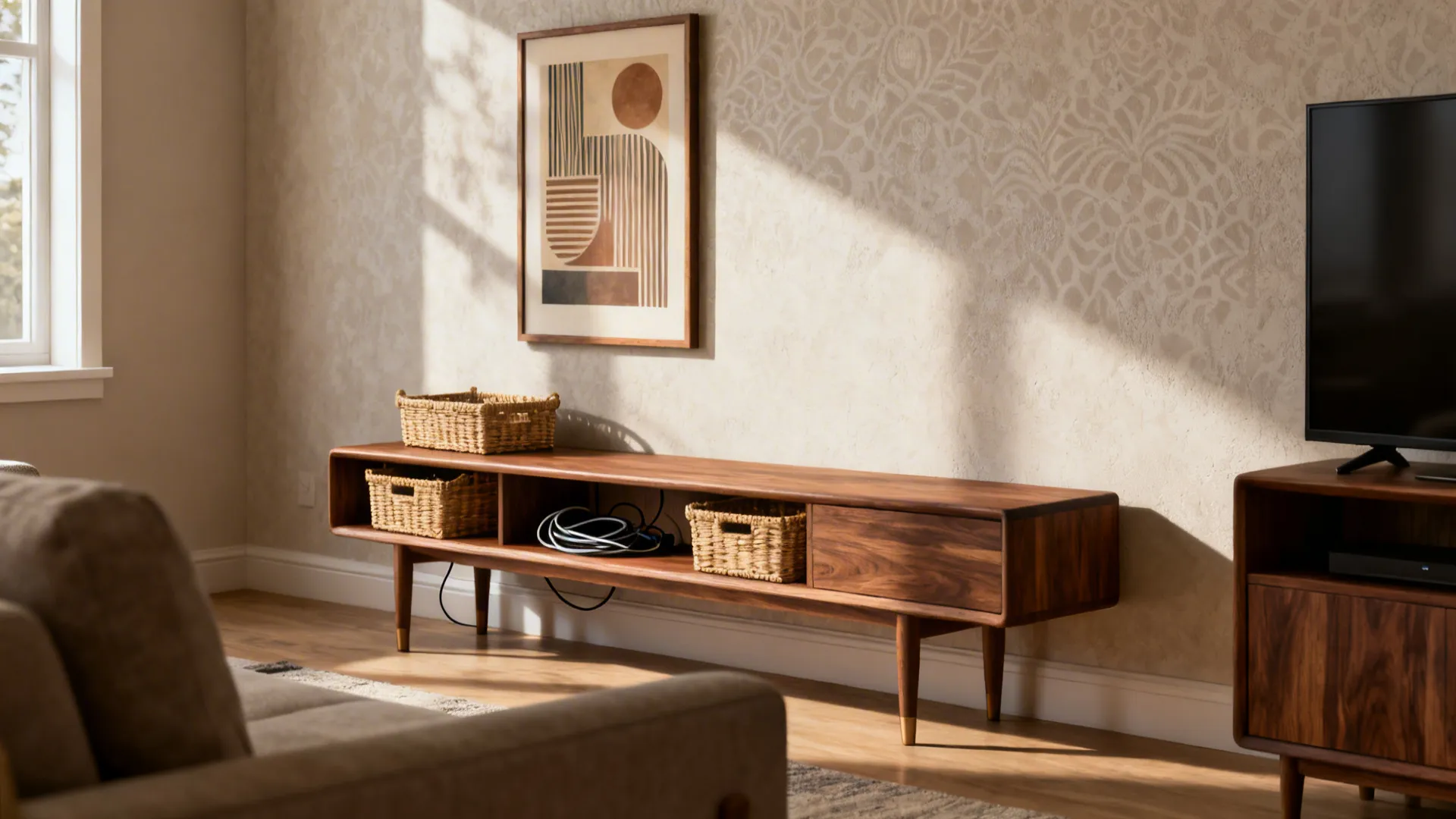 2. Use a Statement Wood Console Instead of a Big TV Cabinet