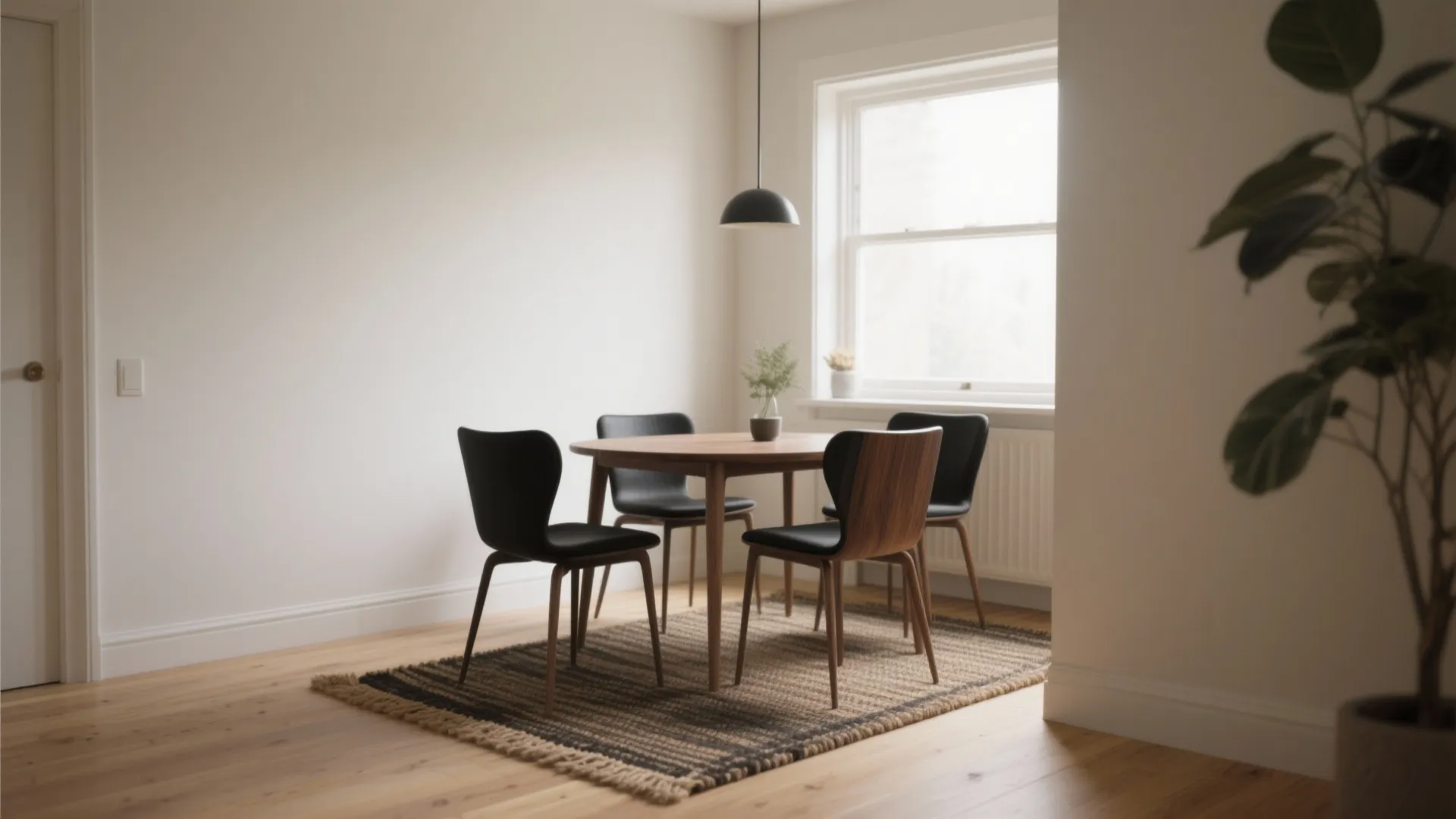 Minimalist dining room with wooden table black chairs striped rug and natural light from window