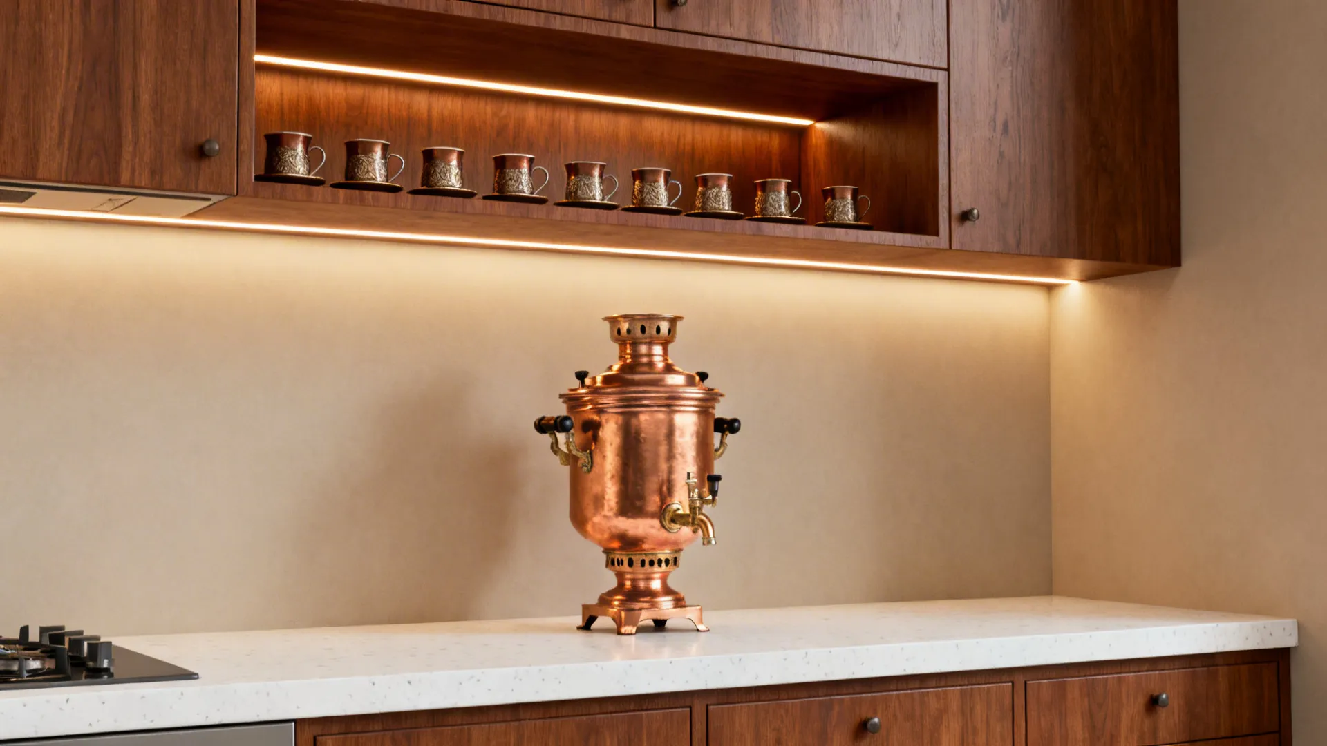 Walnut shelf with a copper samovar and cups glowing under warm LED lighting.