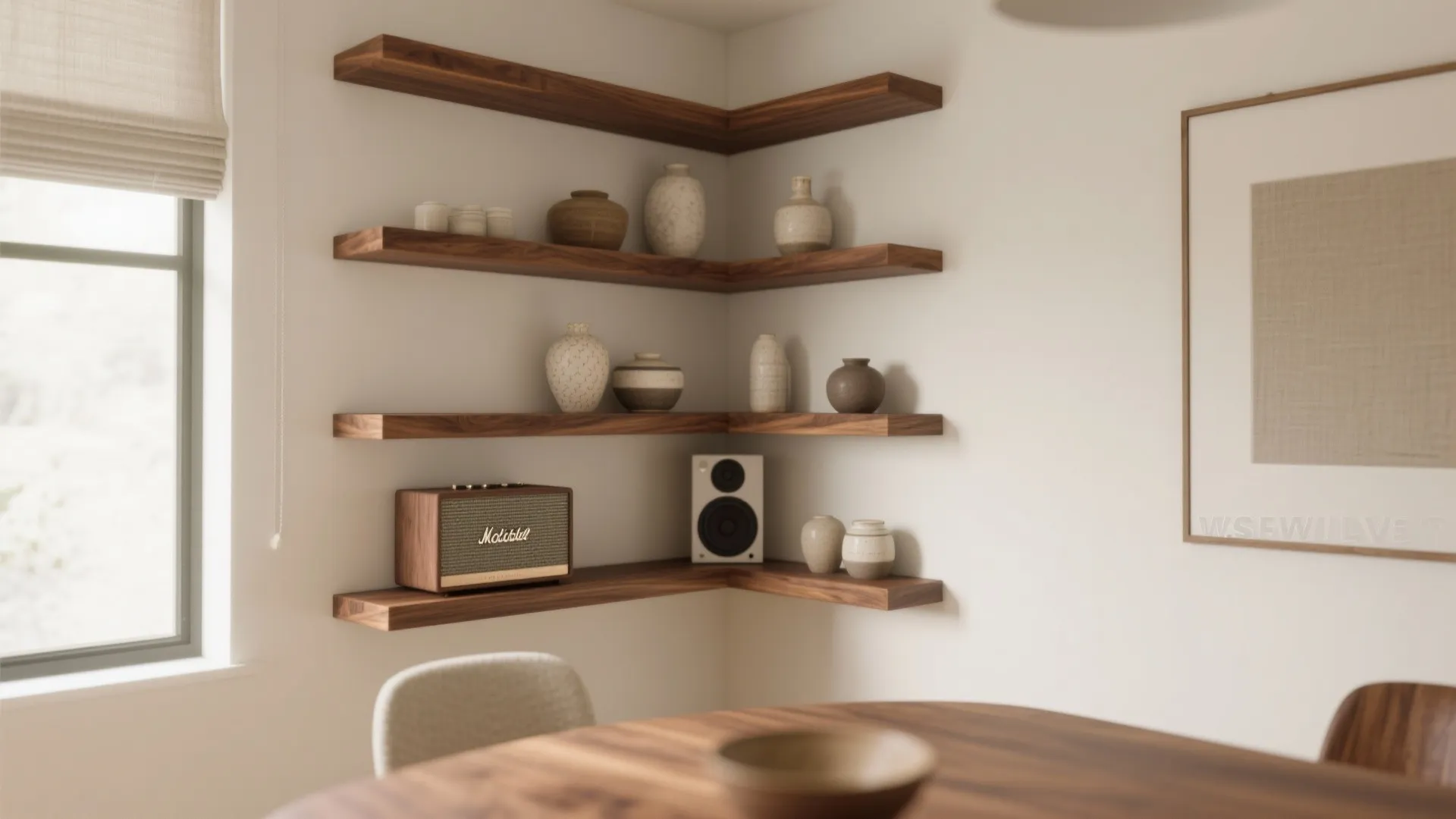 Wooden floating corner shelves holding white vases and a vintage radio in a bright room