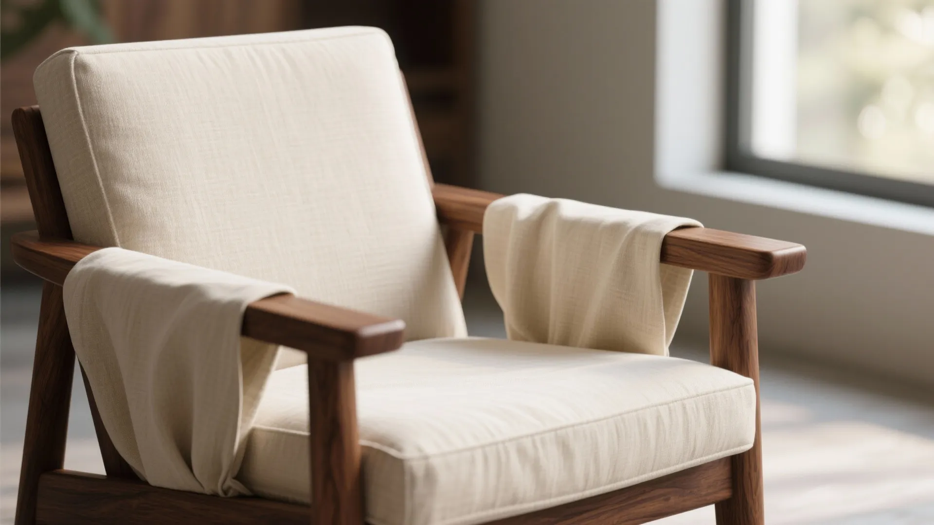 Modern wooden armchair with cream fabric cushions and a matching cloth draped over the armrests