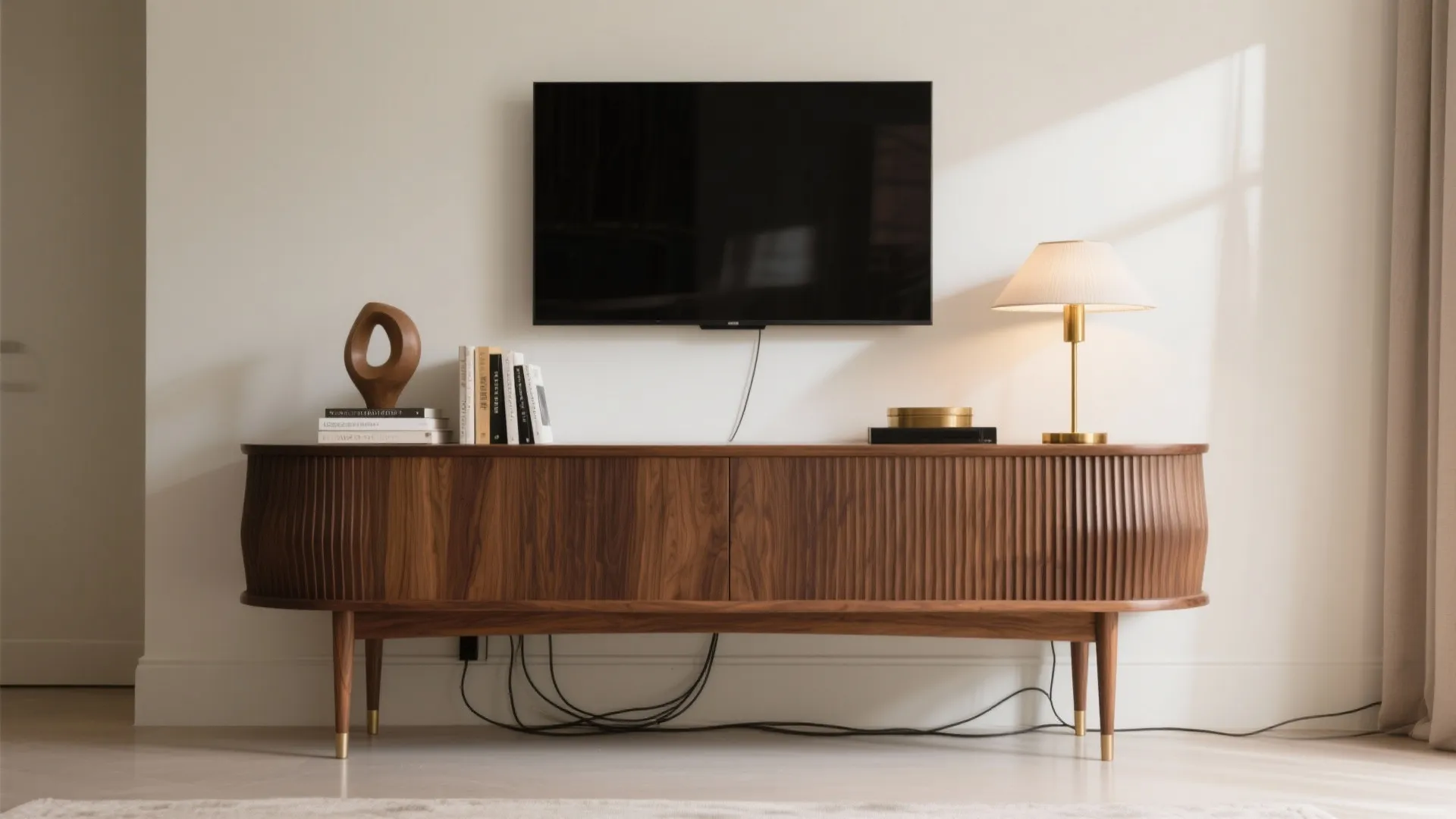 Walnut fluted credenza under a minimal media wall with styled books and hidden cable management.