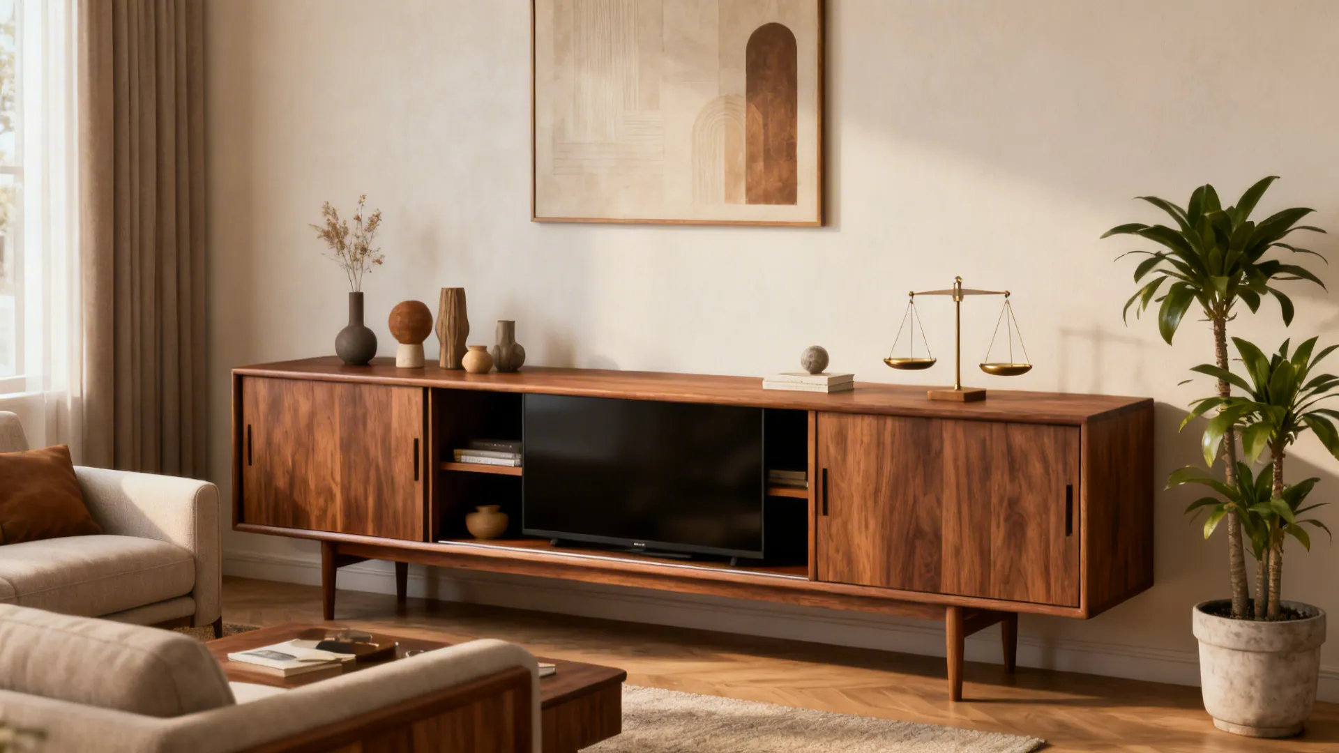 Long low walnut credenza with sliding doors providing concealed storage in a mid-century living room.