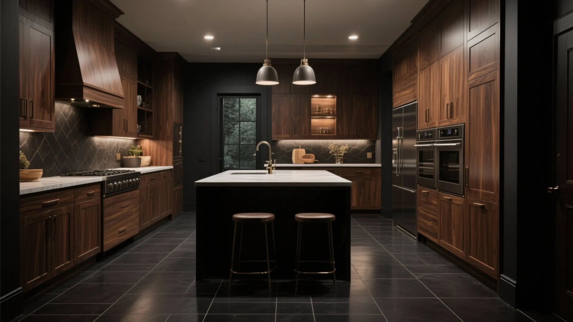 Modern kitchen with walnut wood cabinets black floor tiles dark island stools and ceiling lights