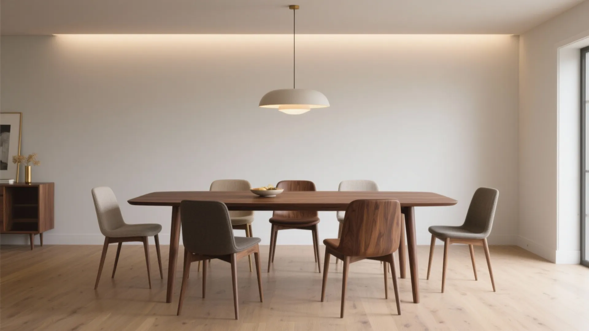 Modern walnut wood dining table set with six chairs under a round white ceiling light