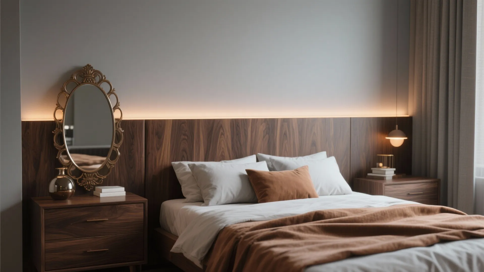 Modern bedroom with dark wood headboard golden mirror white pillows brown blanket and warm light fixture