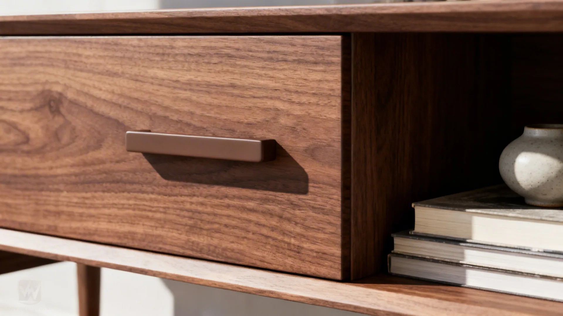 Close-up of a walnut drawer with matte finish beside a curated open shelf.