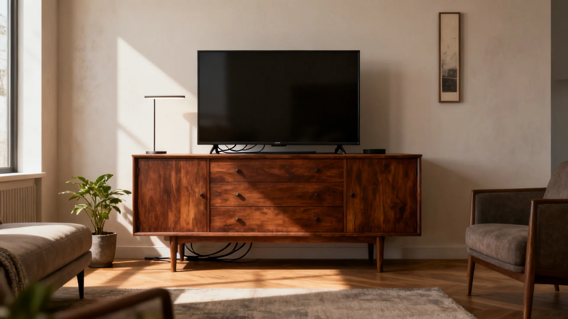 Dark wood cabinet with a large television on top placed in a bright sunny living room