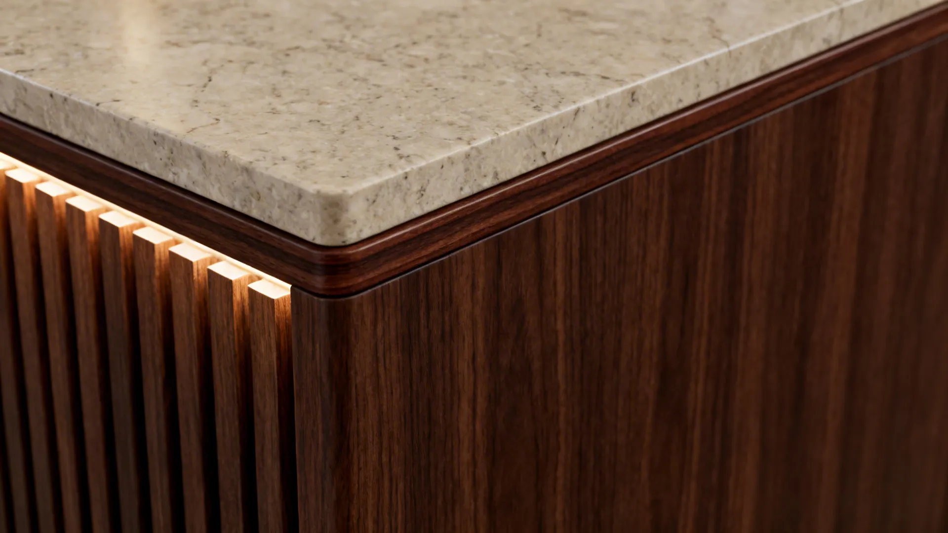 Macro view of dark walnut veneer edge with seamless banding and honed limestone top.