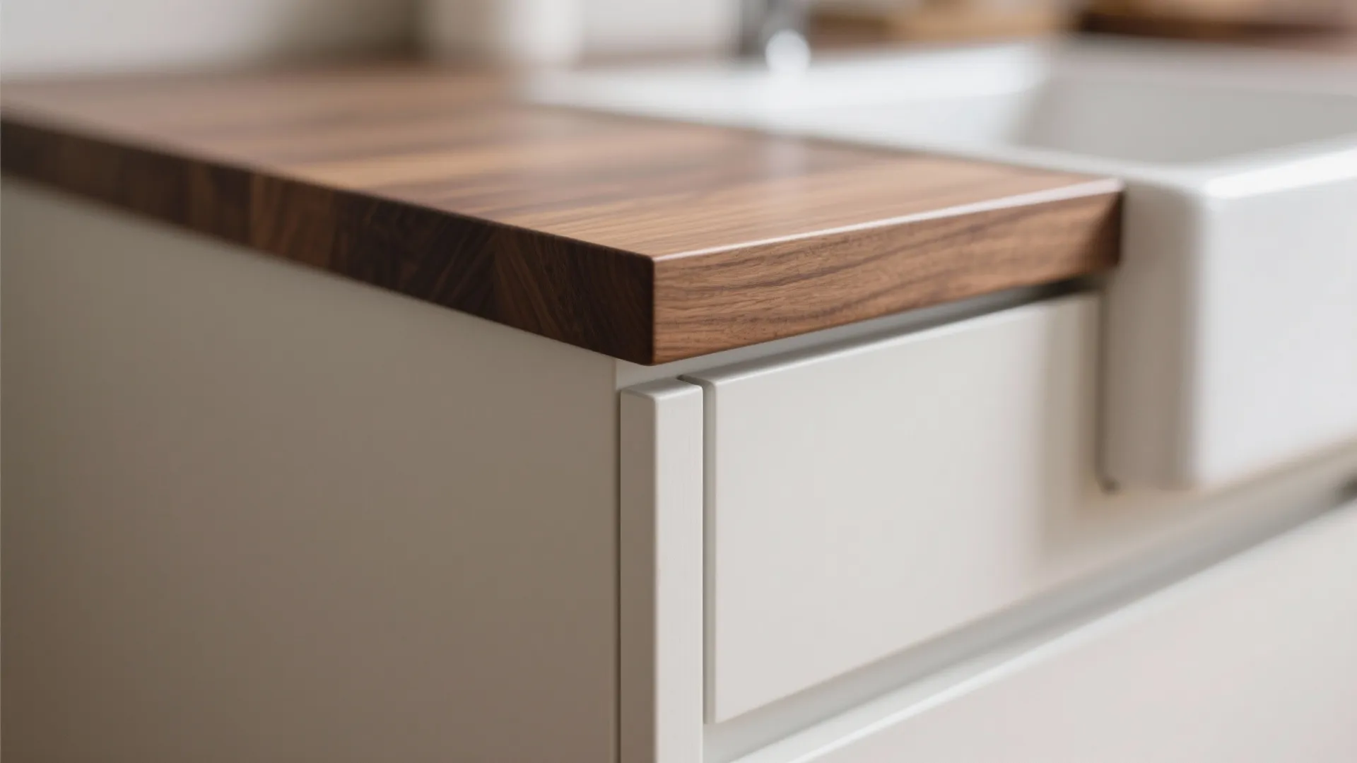 Macro of a thin walnut counter edge meeting a matte white cabinet in soft daylight.