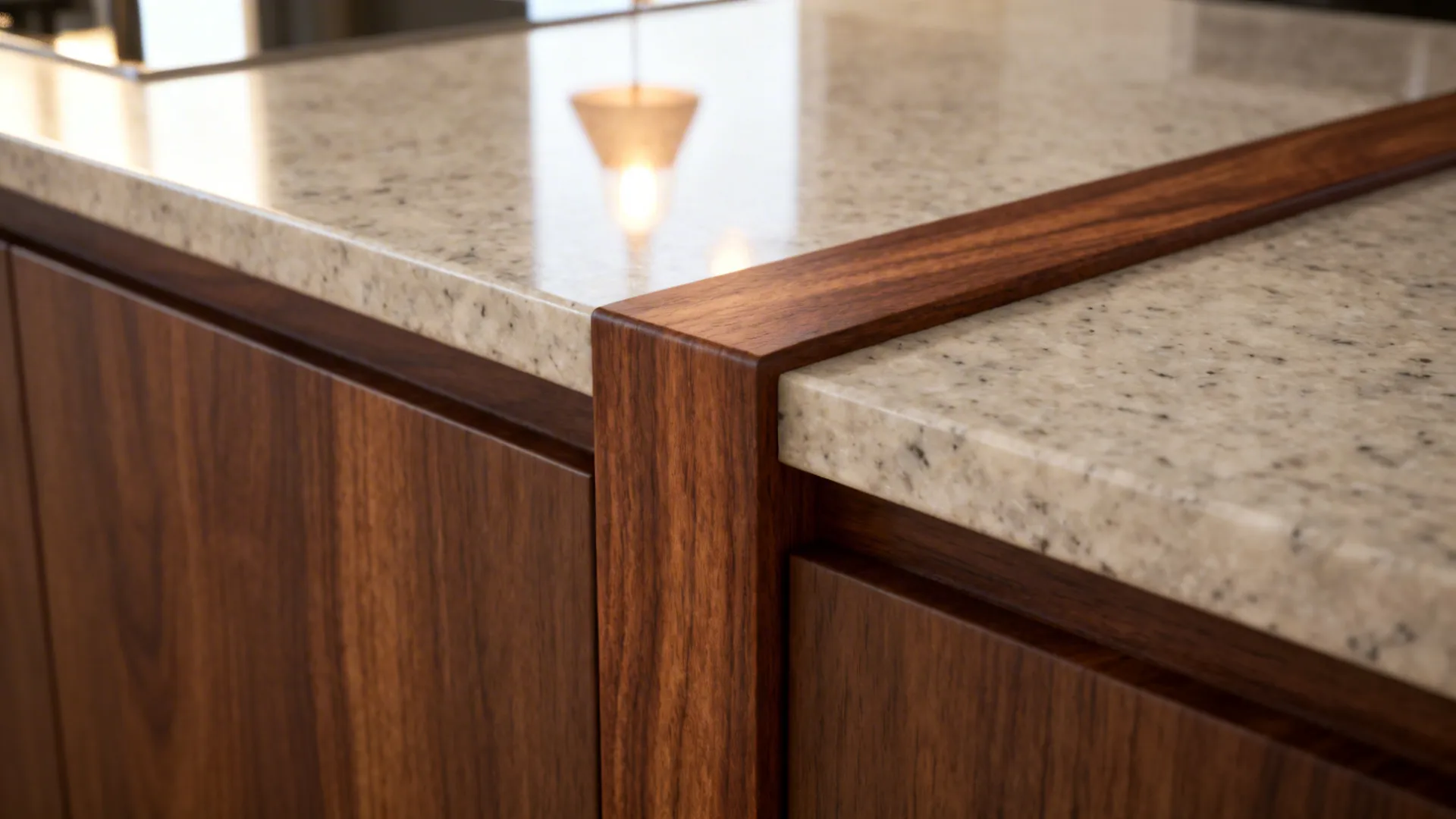 Close-up of a walnut island edge with matte finish meeting a quartz countertop.