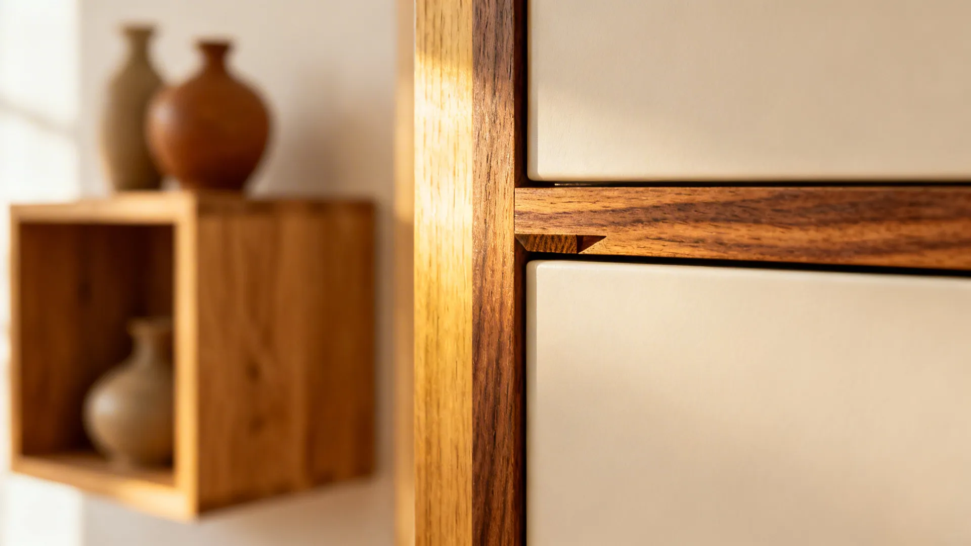 Macro of walnut edge banding on a matte cabinet door with visible wood grain.