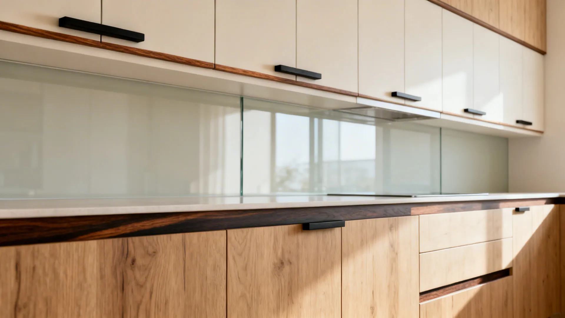 Shaker cabinets with top-mounted blackened walnut edge pulls forming a shadow line.