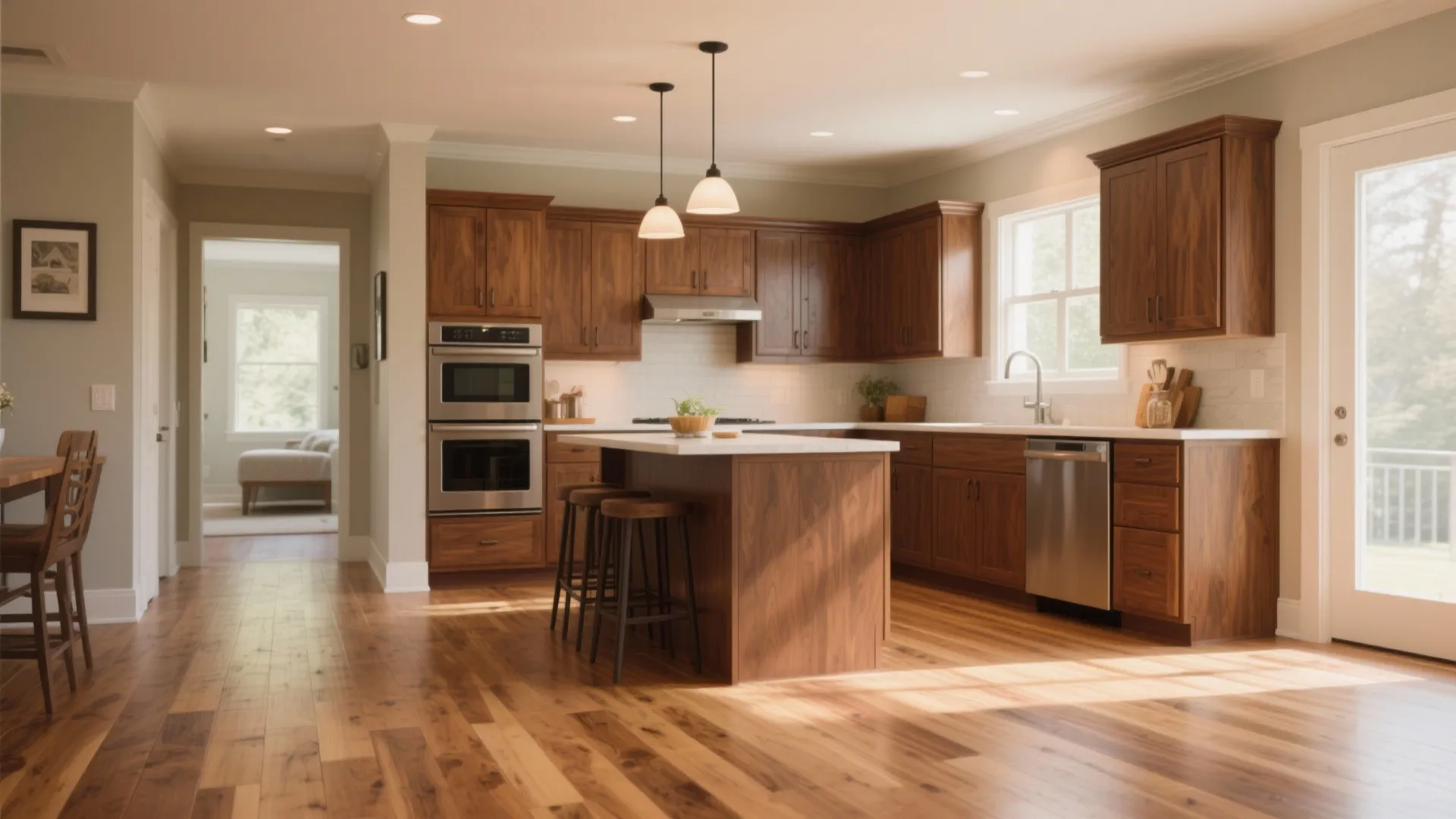 Classic kitchen with walnut wood cabinets white countertop island and warm brown engineered wood flooring design