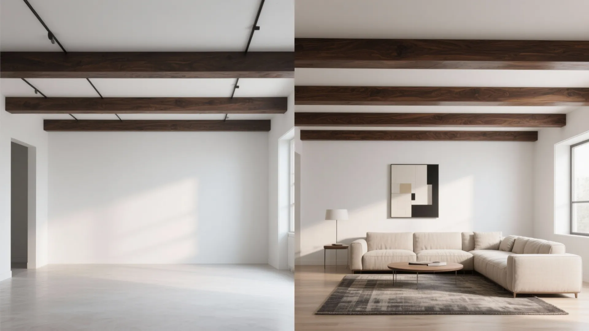 Comparison of an empty white room versus a furnished living room with dark wood beams