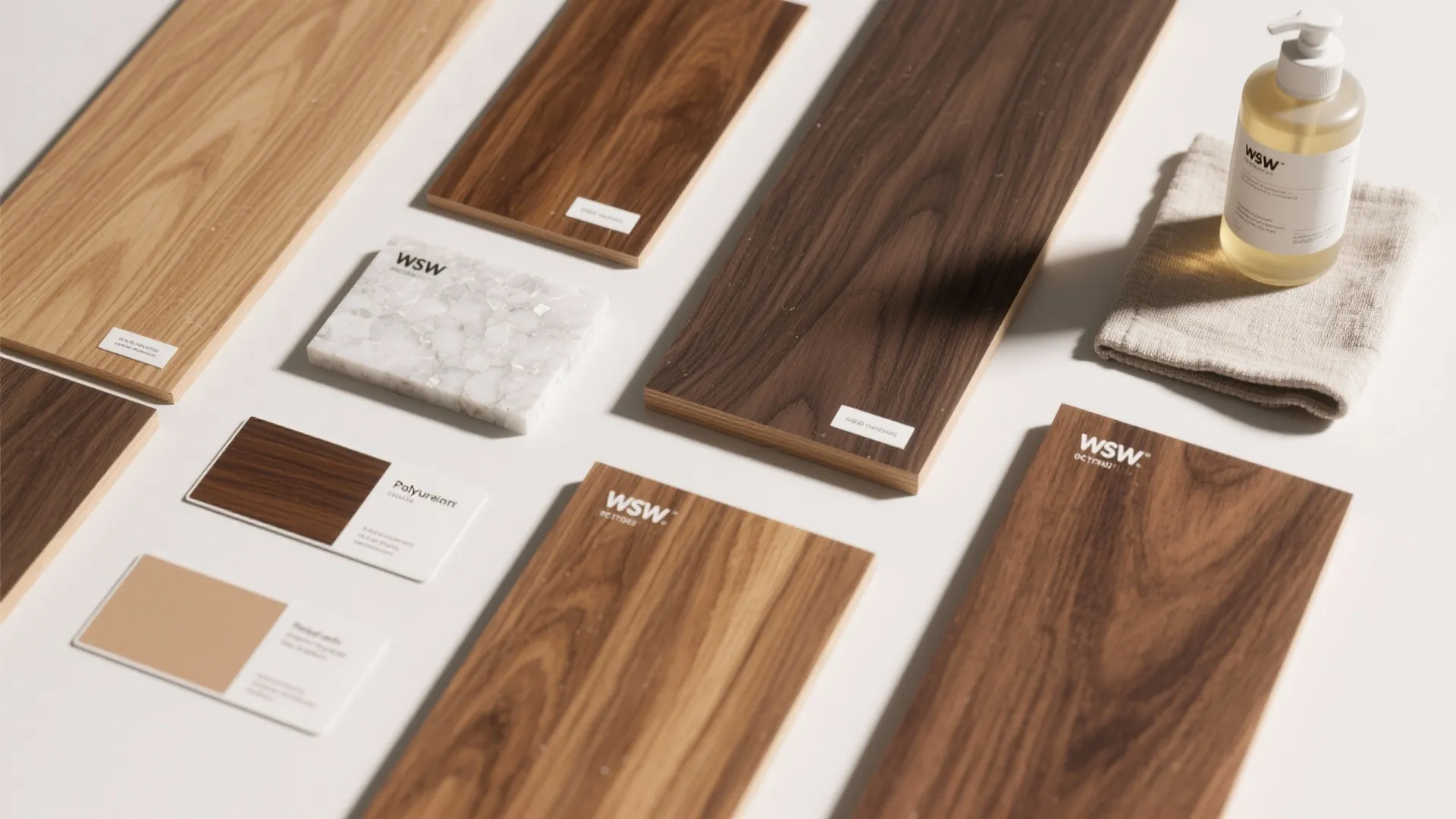 Top-down flatlay of walnut wood and finish samples alongside quartz and care materials.