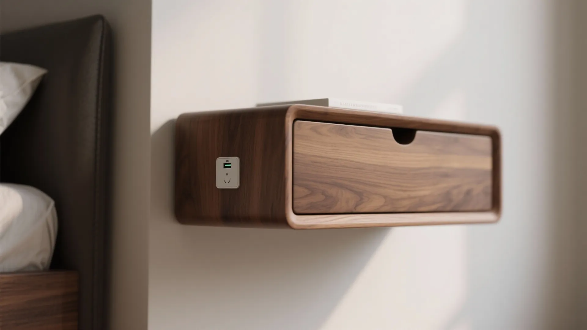 Modern walnut floating bedside table with a single drawer and side power outlet for charging