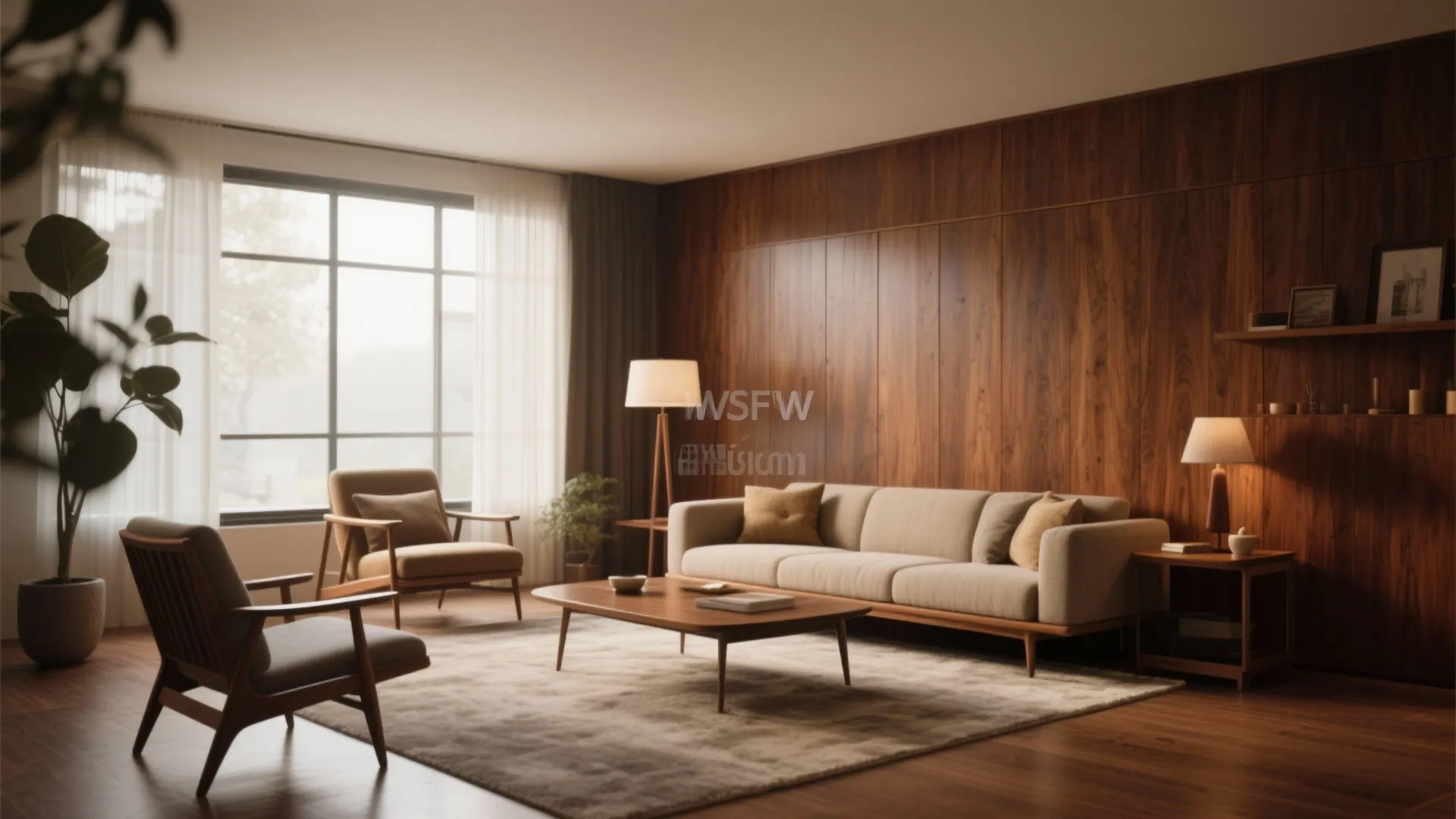 Modern living room with dark wood wall panel beige sofa wooden chairs coffee table rug