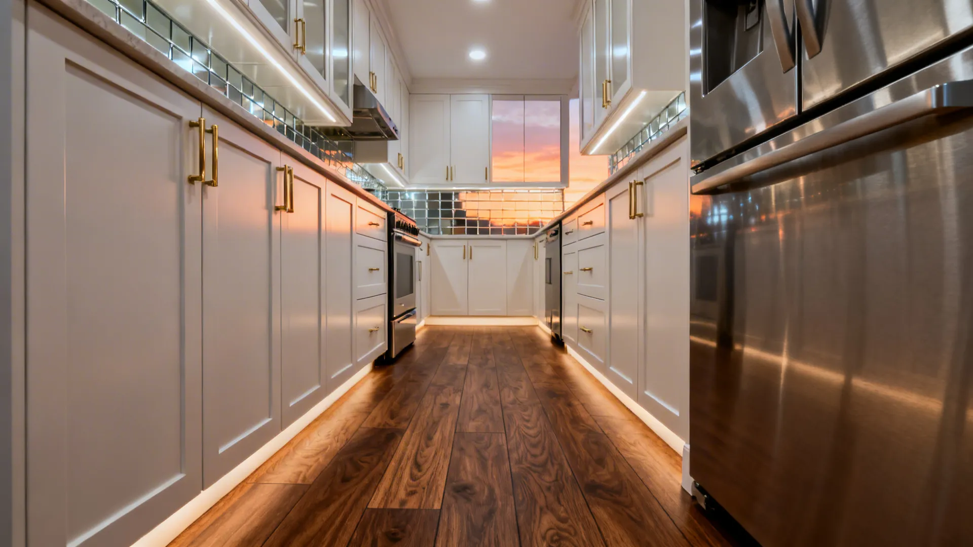 Narrow galley kitchen with dark walnut vinyl floors and light shaker cabinets.
