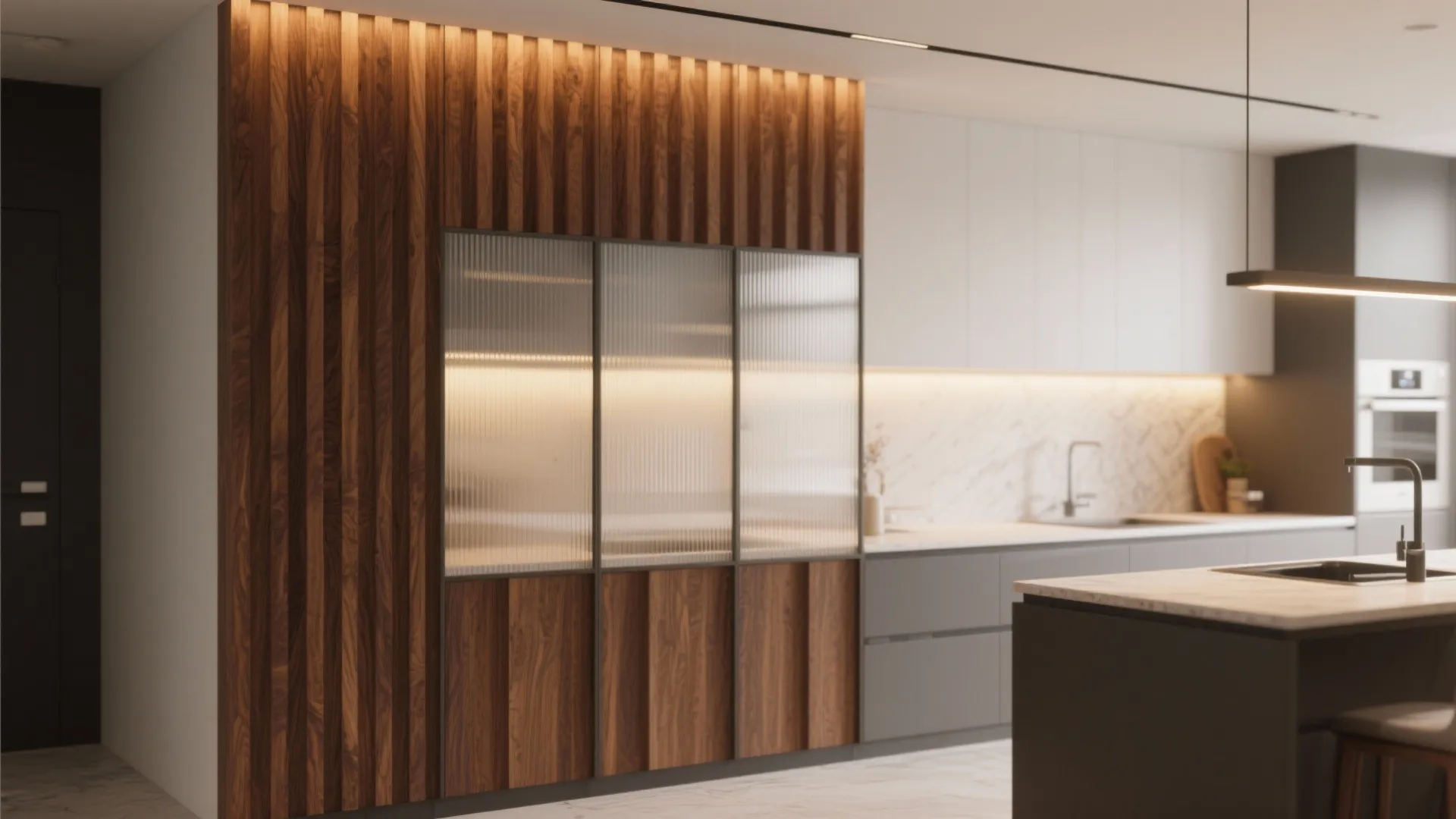 Luxury kitchen with wood wall panel fluted glass cabinet doors grey island and warm lighting