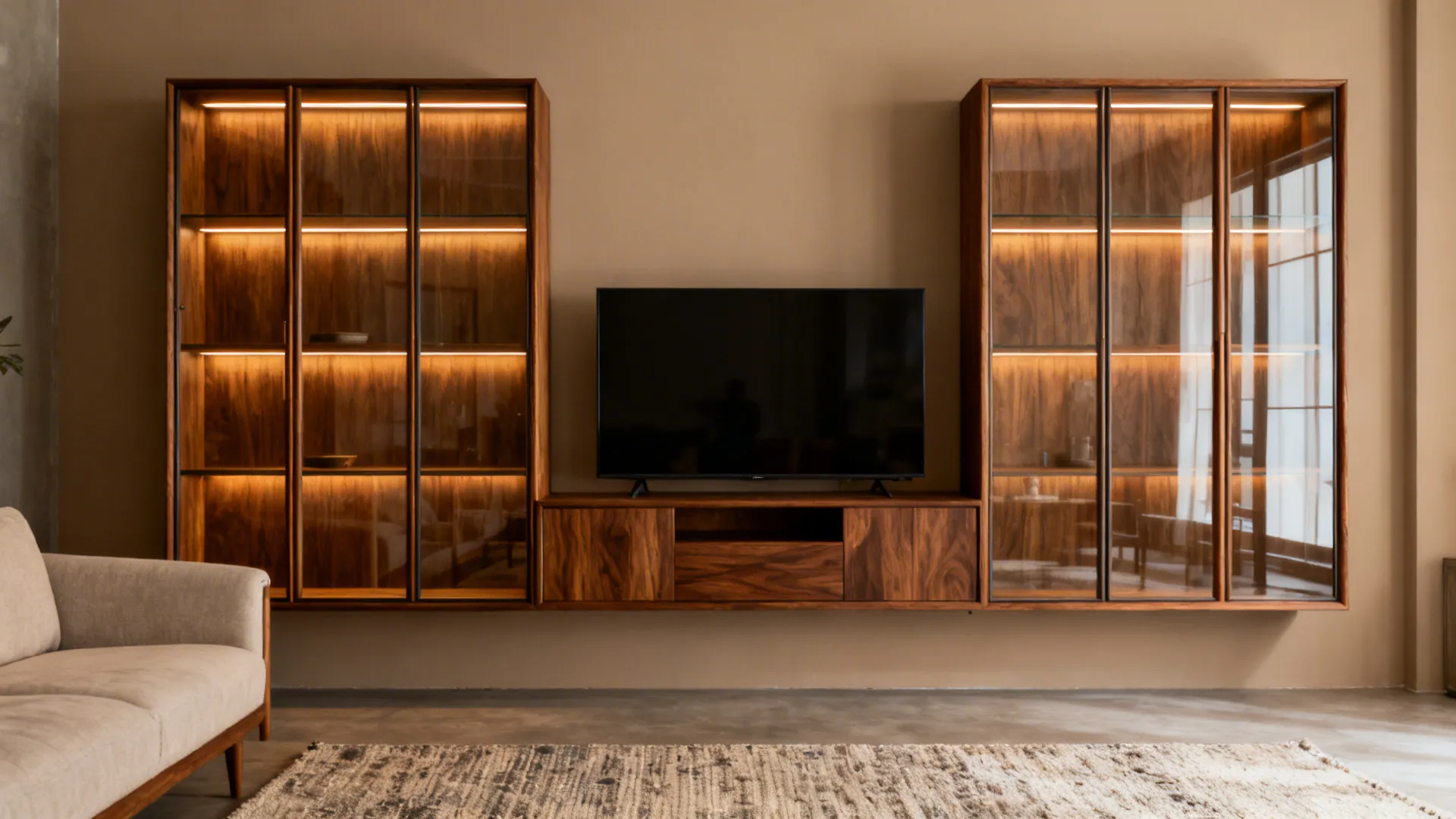 Media wall with walnut-framed clear glass doors and matte back panel in soft daylight.
