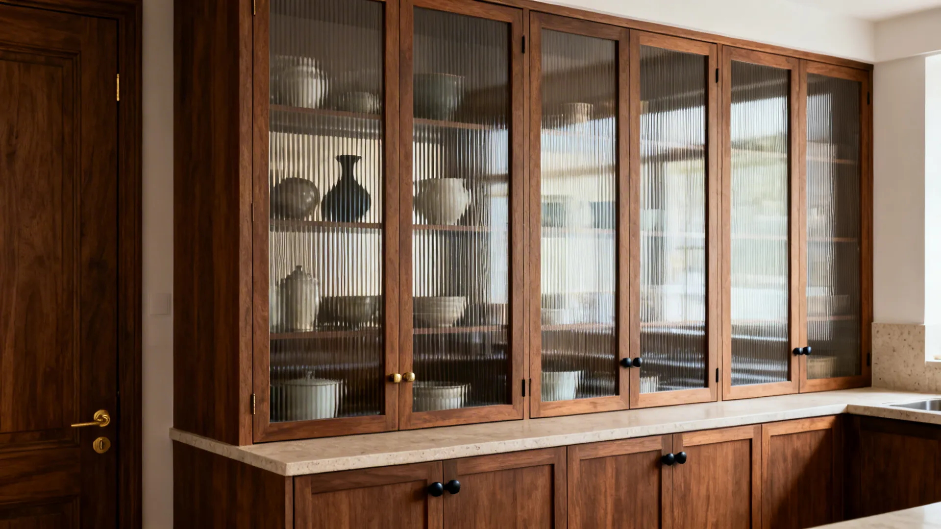 Large walnut wood kitchen cabinet with ribbed glass doors showing white dishes and ceramic bowls