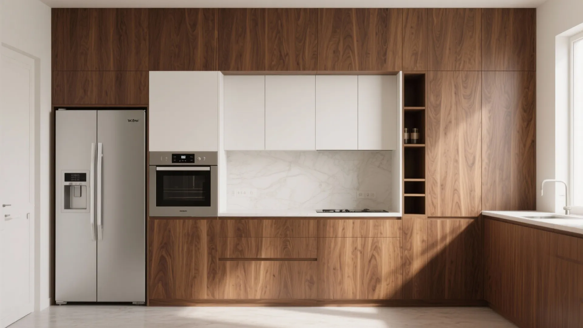 Appliance wall with continuous walnut grain paneling framed by white cabinets in a small kitchen