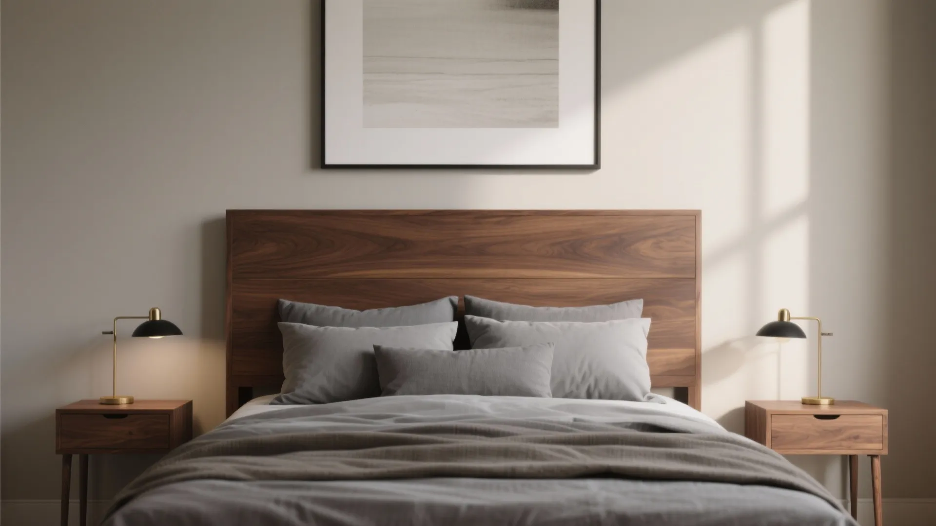 Walnut wood bed frame with grey bedding, small black wall light, and framed art on wall