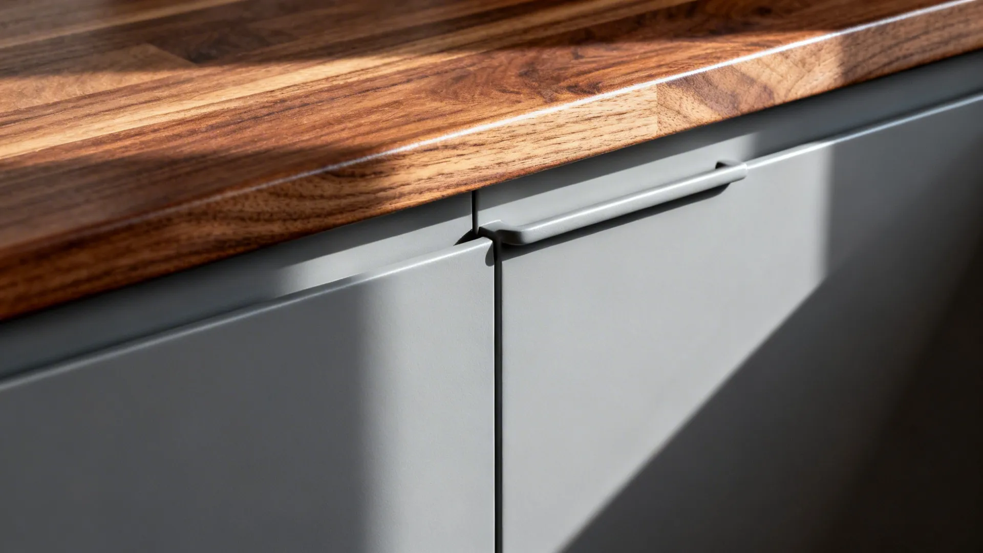 Macro of walnut countertop grain meeting a soft-grey matte cabinet edge.